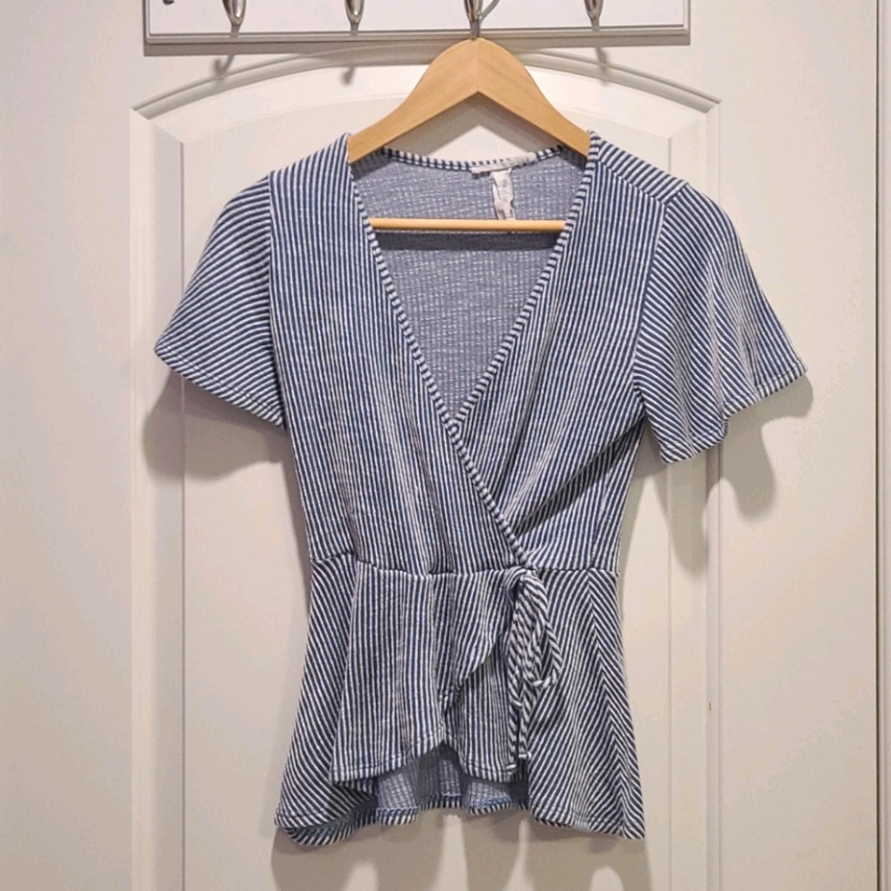caution to the wind stripe wrap blouse
